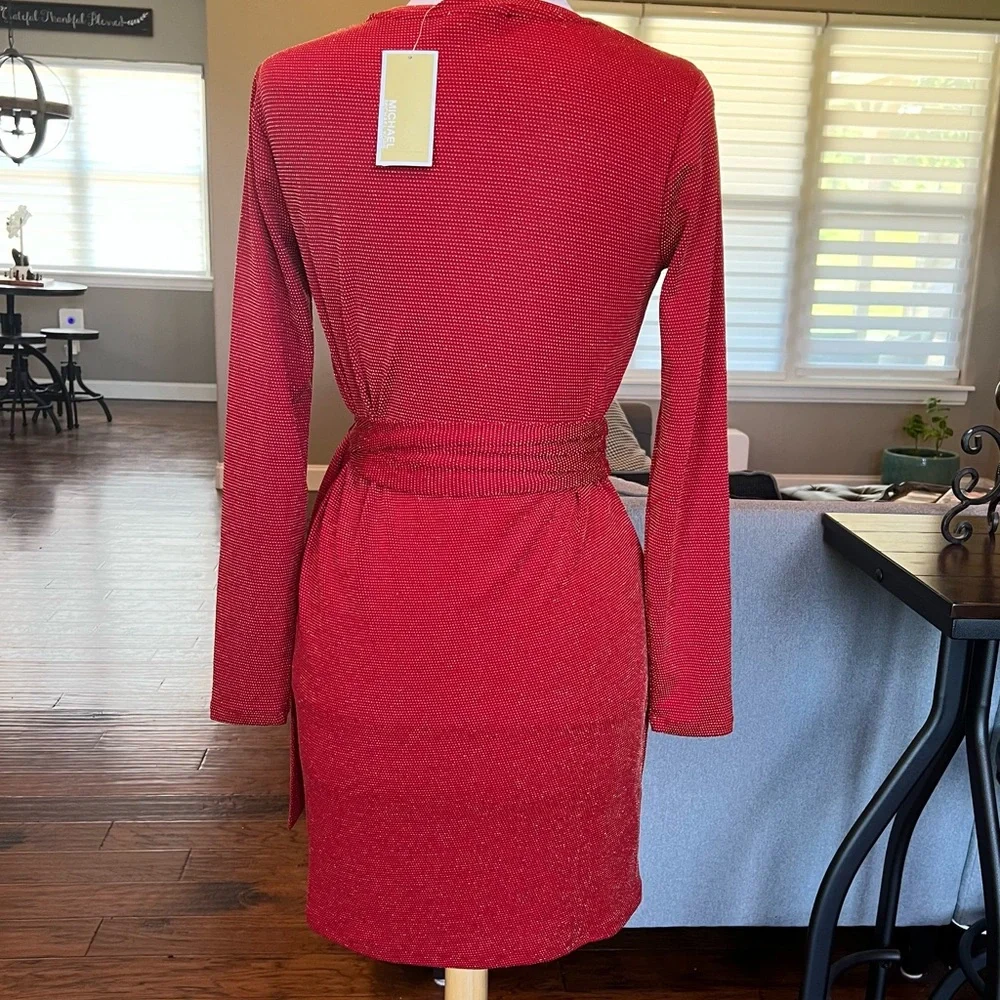 NWT $140 Michael Kors Red Dress Small Gold Metallic Faux-Wrap Crimson - Picture 7 of 15